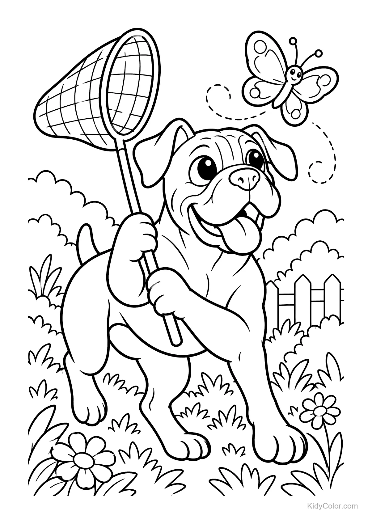 Boxer dog with butterfly net chasing a butterfly in a garden.