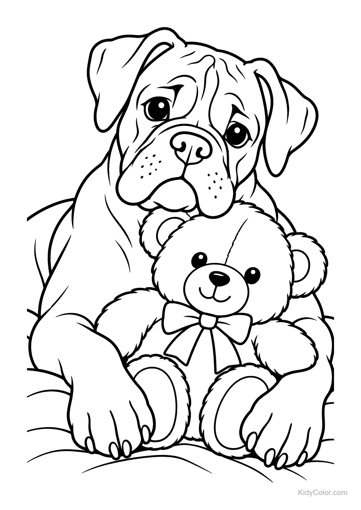 Boxer con un orsacchiotto tra le zampe.
