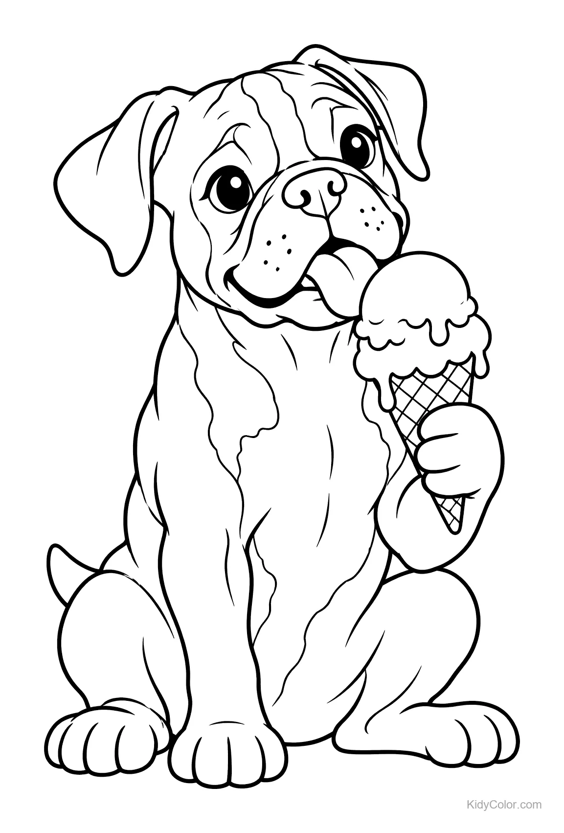 Boxer seduto che mangia un cono gelato.