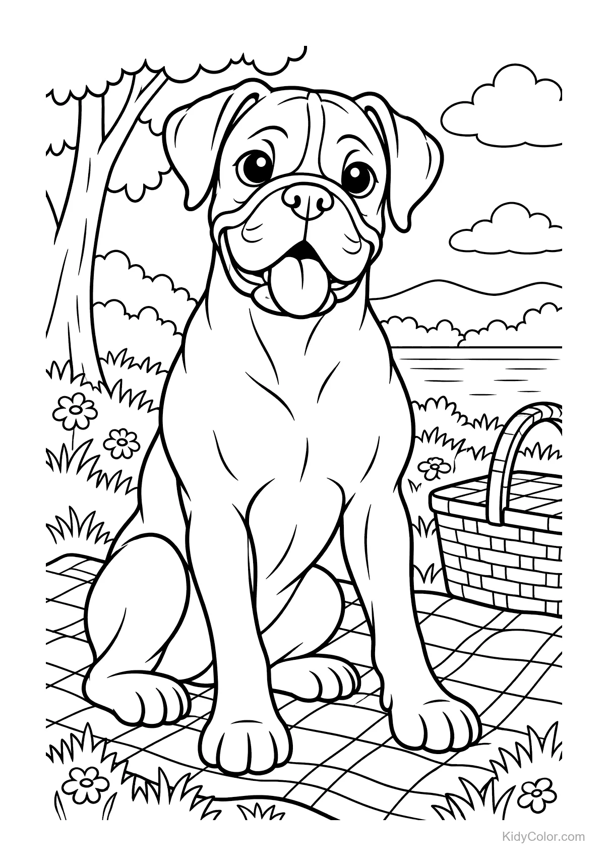 Boxer assis sur une couverture de pique-nique près d'un lac et panier.