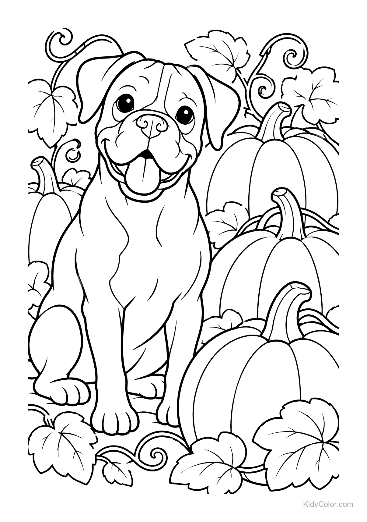 A happy boxer dog sitting in a pumpkin patch with leaves.