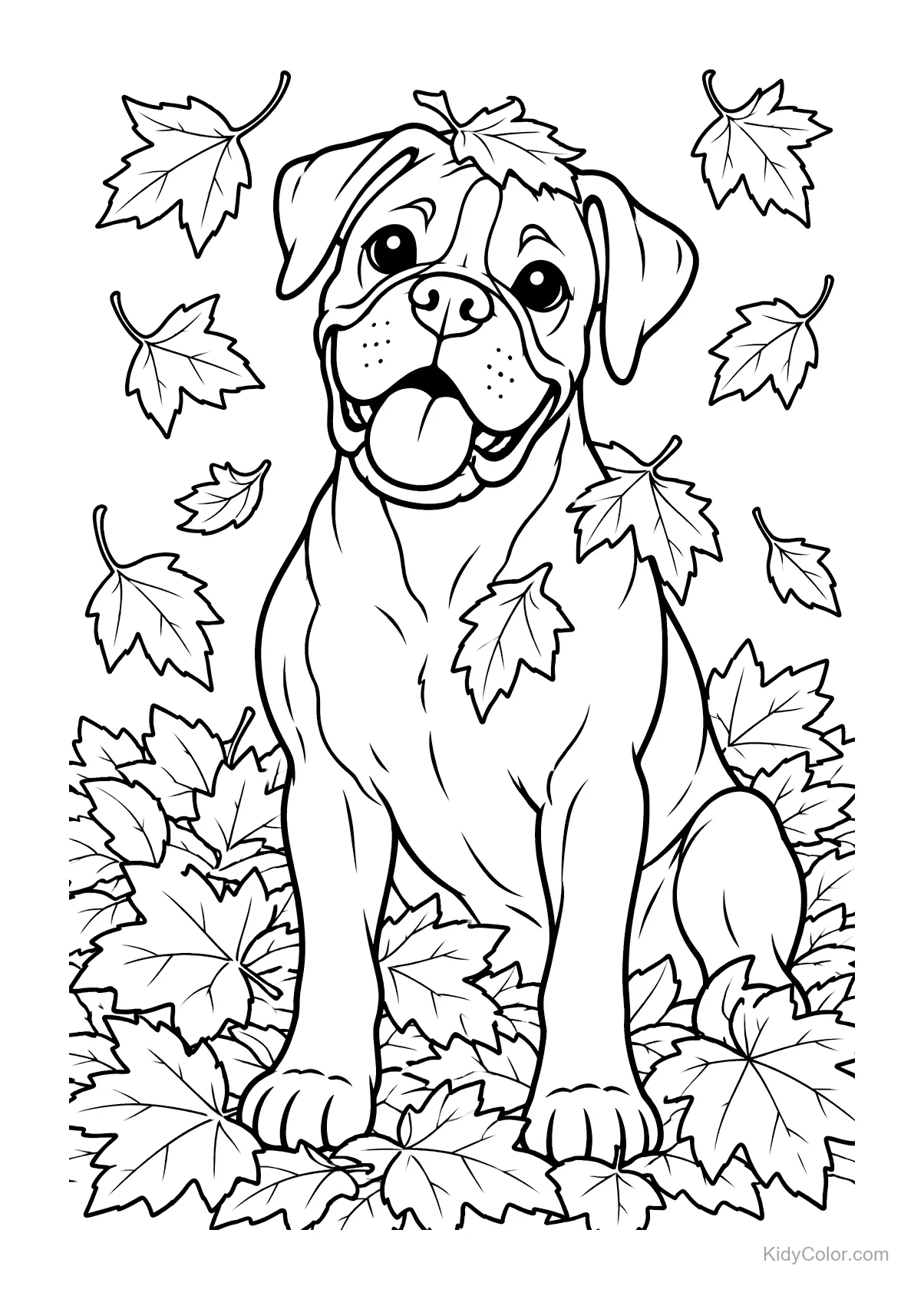 Boxer assis parmi des feuilles d'automne avec une expression joyeuse.