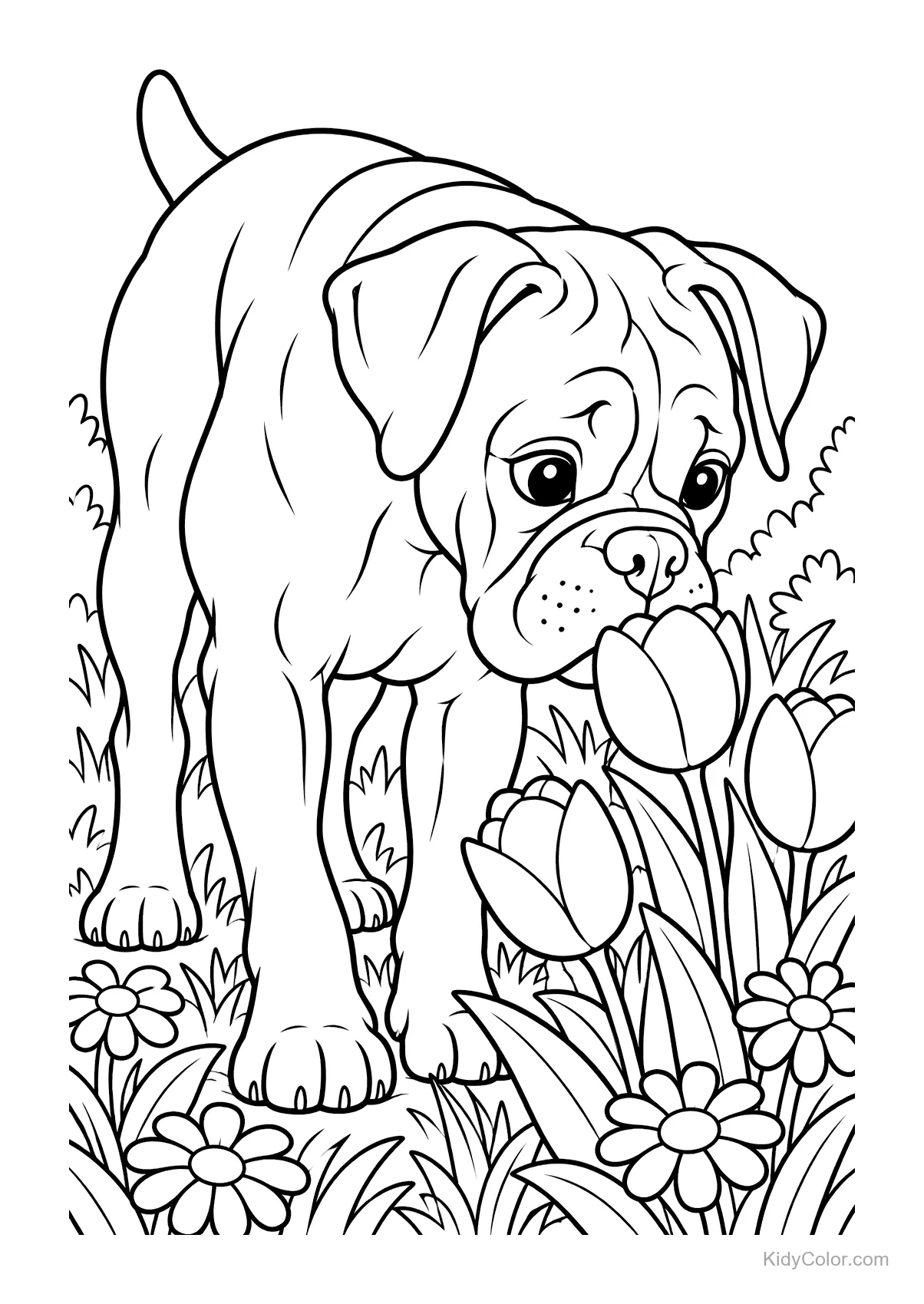 Boxer reniflant des fleurs parmi des tulipes et des marguerites.