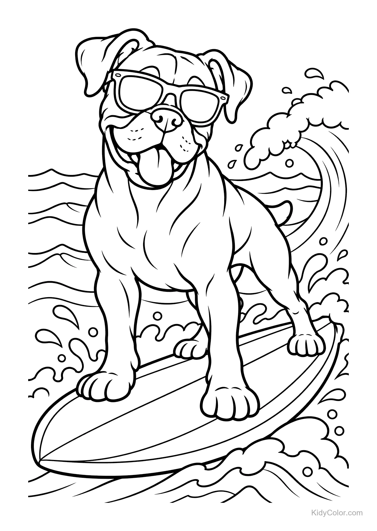 Boxer con occhiali da sole che fa surf su un'onda.
