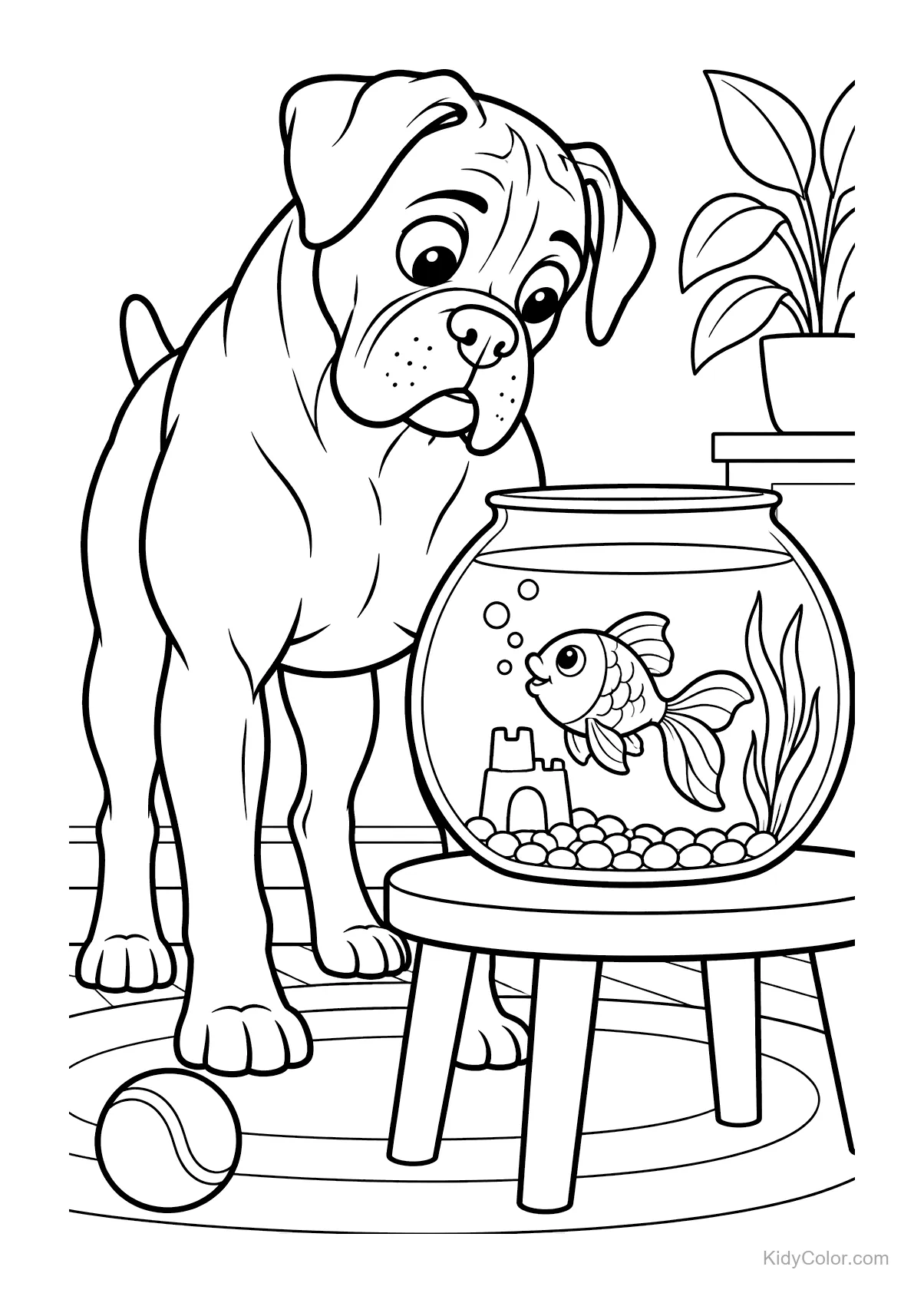 Boxer dog looking at a goldfish in a bowl beside a table.