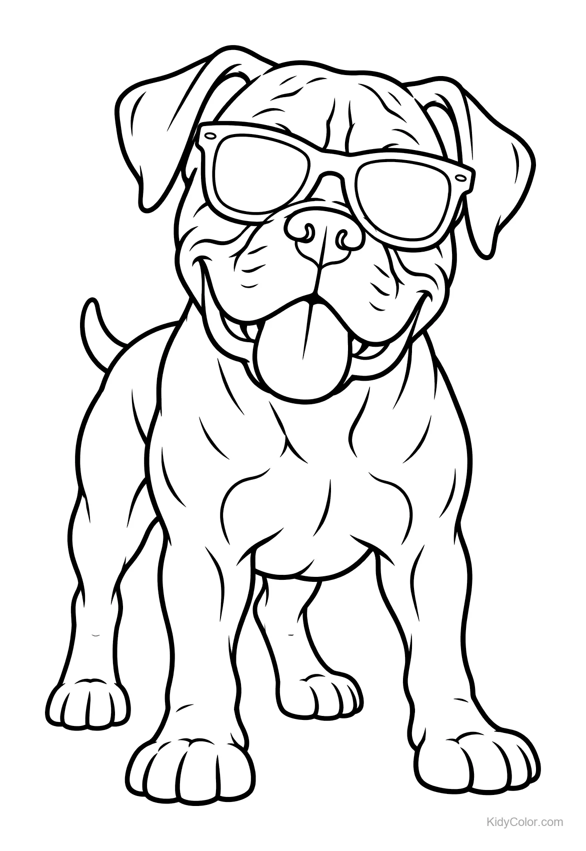 Boxerhund mit Sonnenbrille und herausgestreckter Zunge.