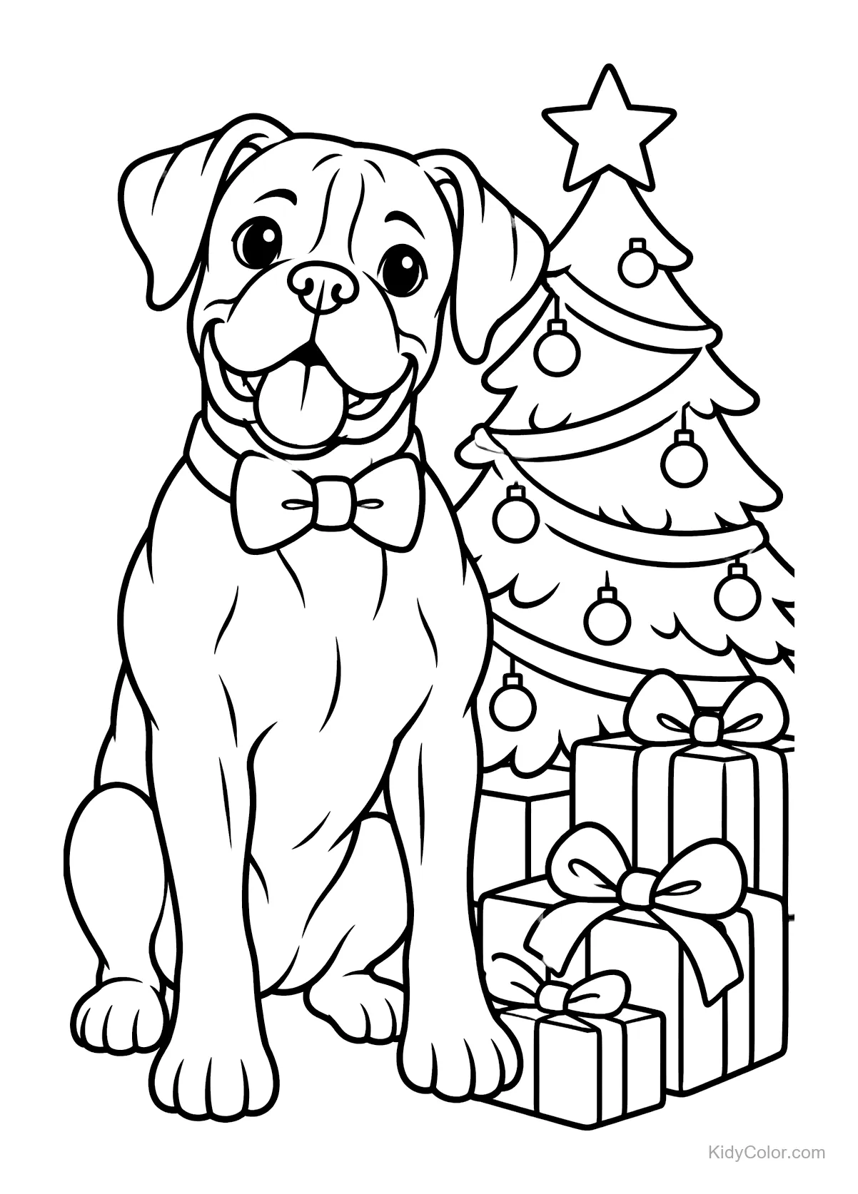 Boxer con papillon vicino a un albero di Natale e regali.
