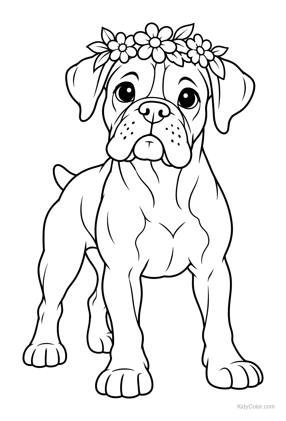Dessin en ligne d'un boxer portant une couronne de fleurs.