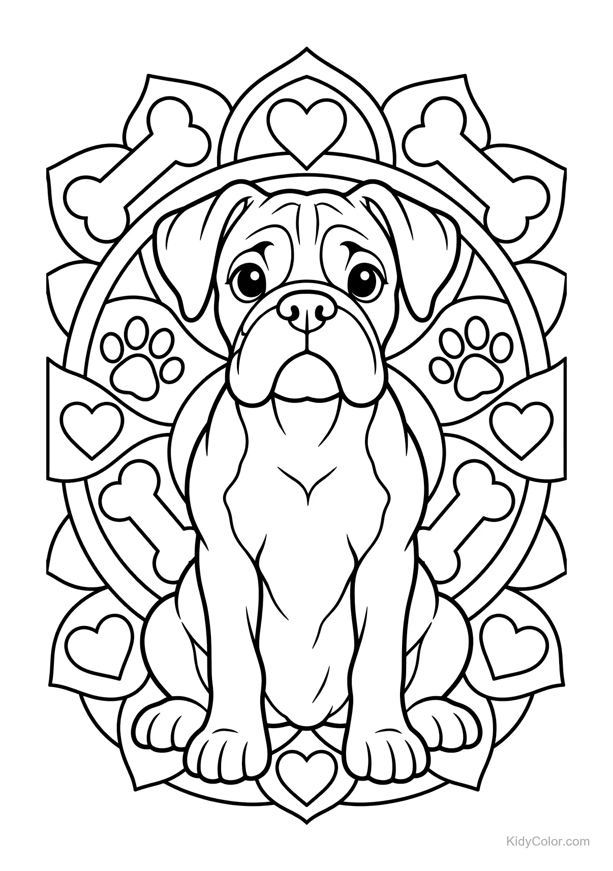Boxerhund sitzt vor einem Mandala aus Knochen und Herzen.