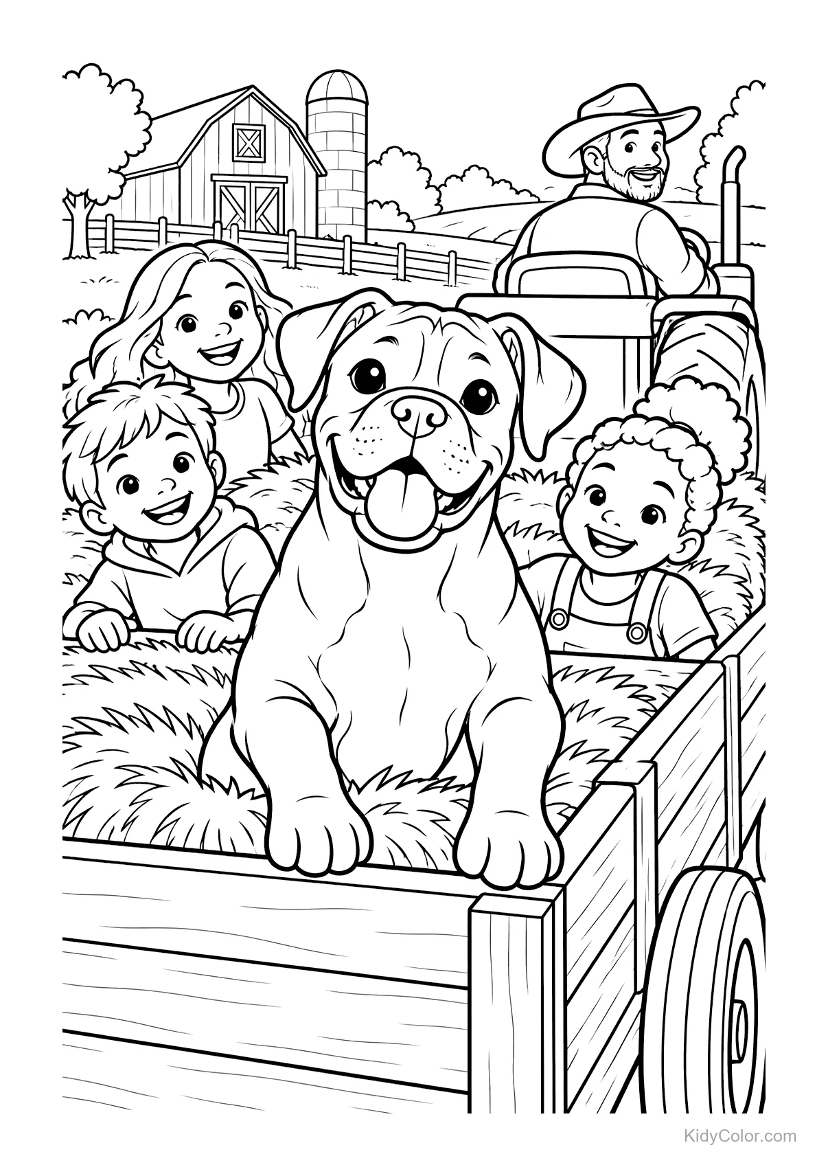 Boxer seduto con bambini su un carro di fieno in fattoria.