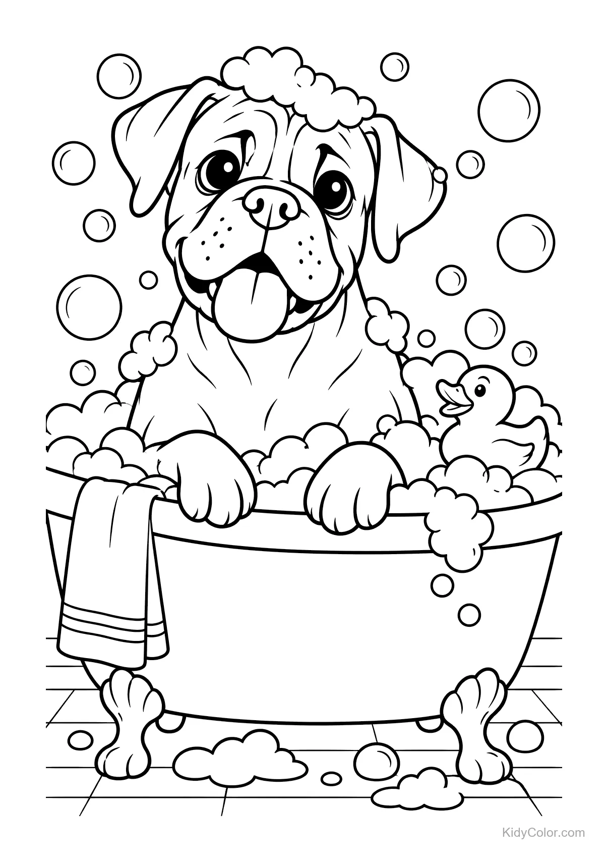 Boxer in un bagno di bolle con una paperella e un asciugamano.