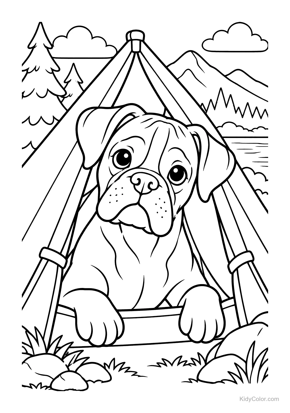 Boxer che sbuca da una tenda da campeggio con montagne dietro.