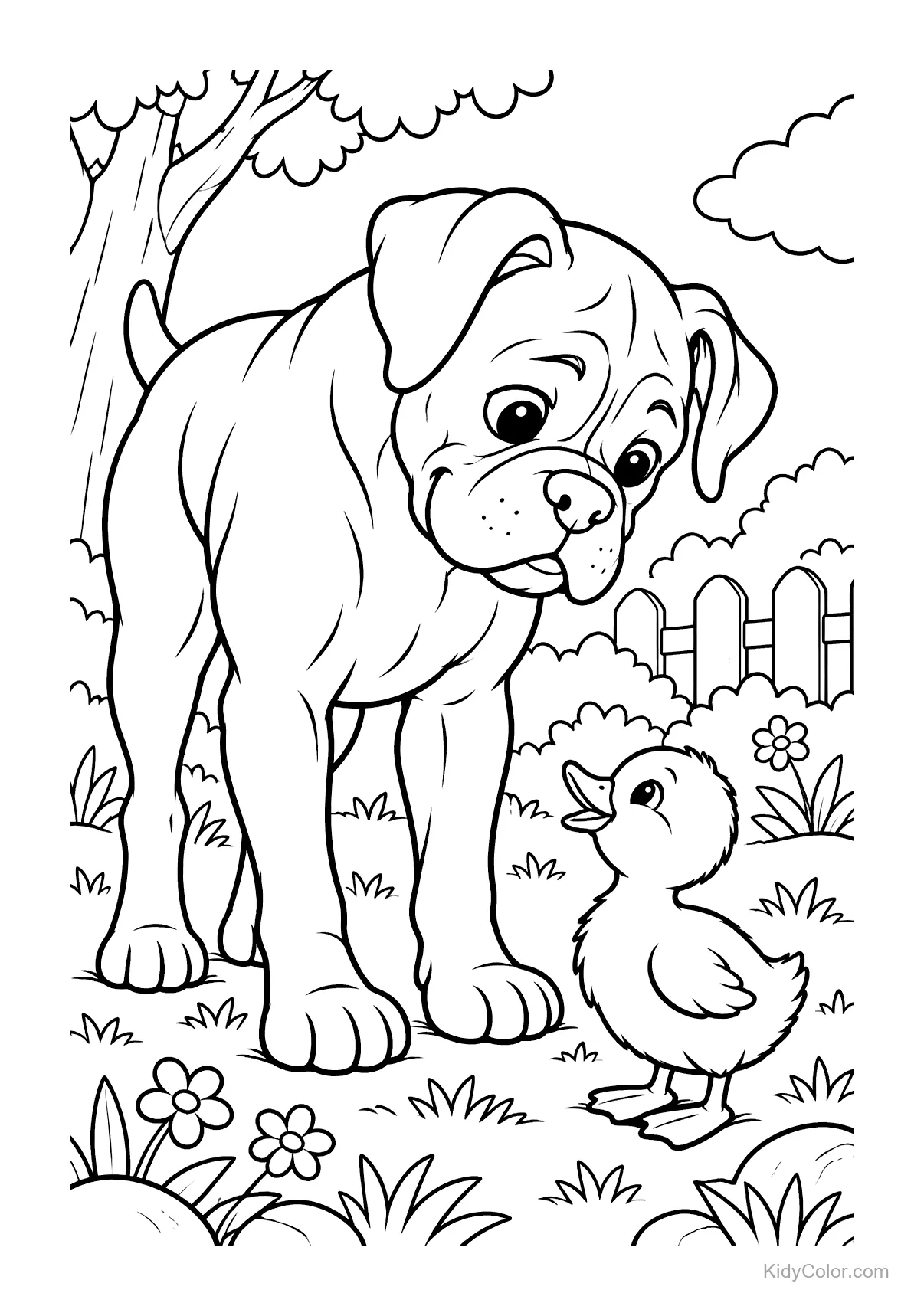 Een boxerpuppy kijkt naar een eendje in een tuin.
