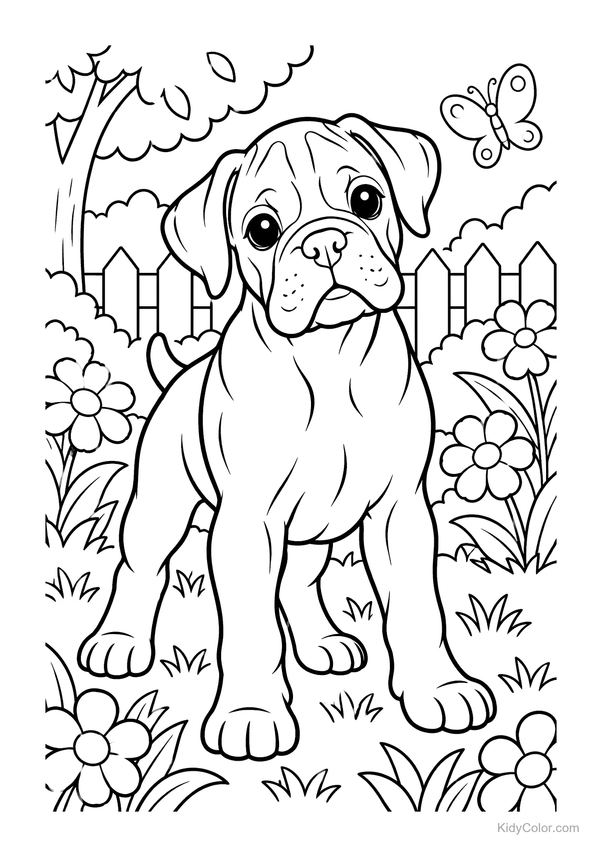 Cucciolo di boxer in un giardino con fiori e farfalla.