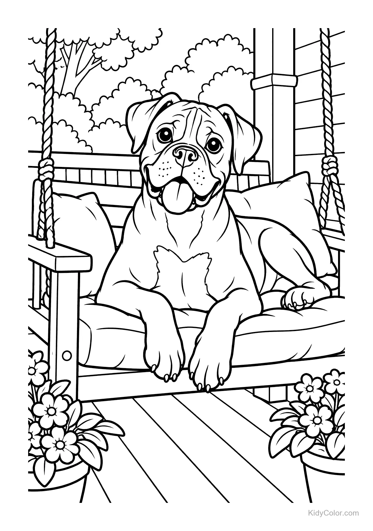 Chien Boxer allongé sur une balançoire de porche avec des fleurs autour.