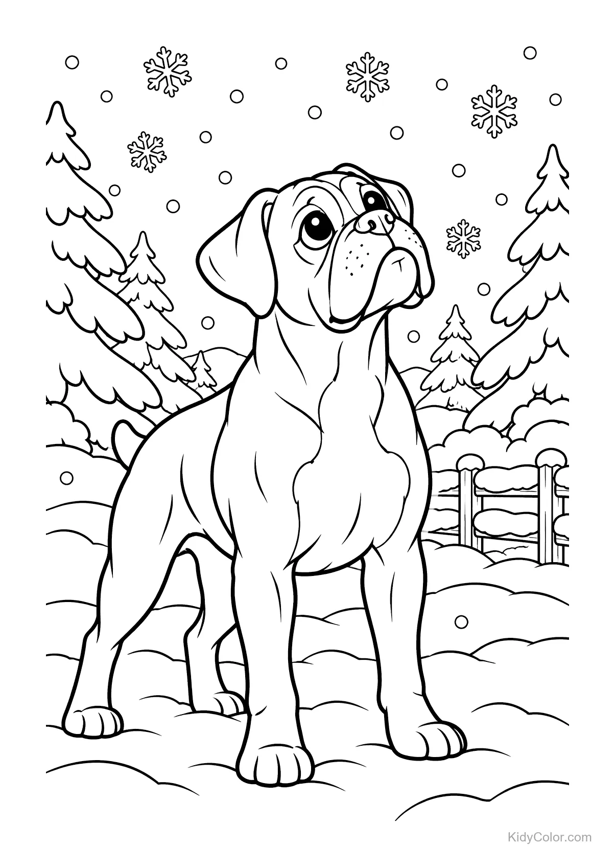 Boxer in piedi sulla neve con fiocchi di neve che cadono.