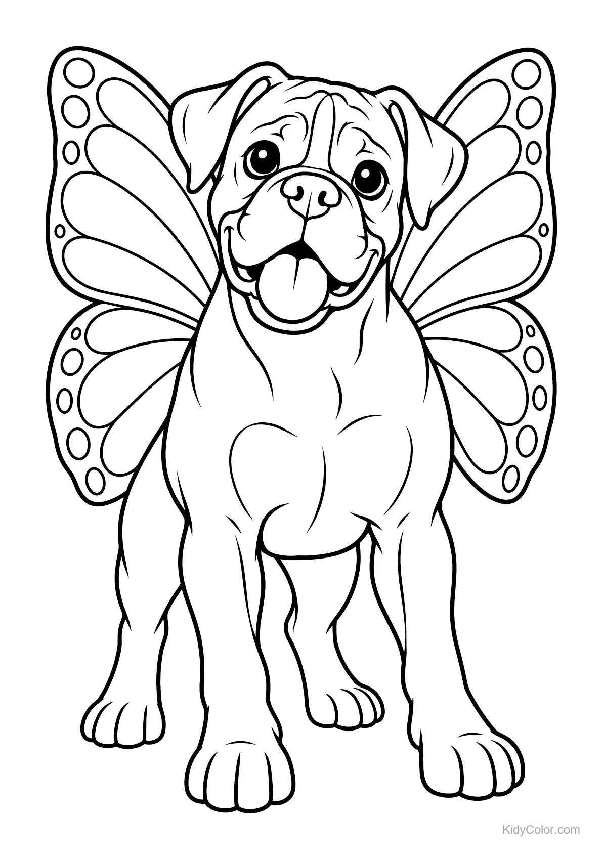 Un chien boxer avec des ailes de papillon sur le dos.