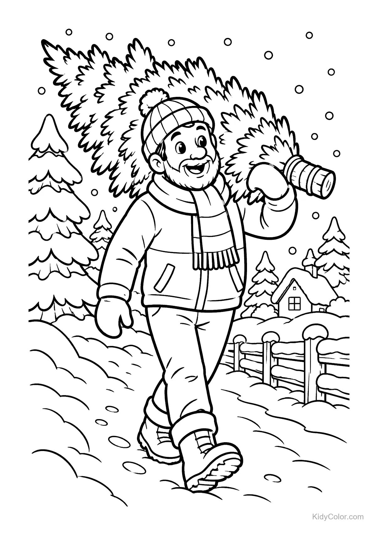Niño llevando un árbol de Navidad en la nieve con una casa al fondo.