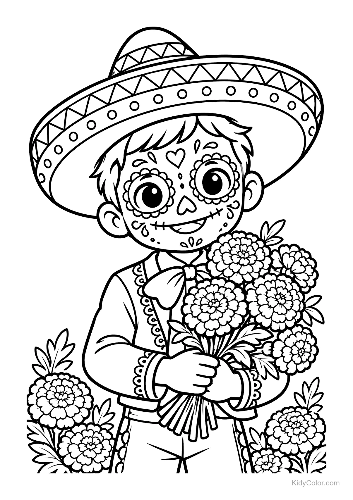 Boy in face paint holding marigolds, wearing a sombrero.