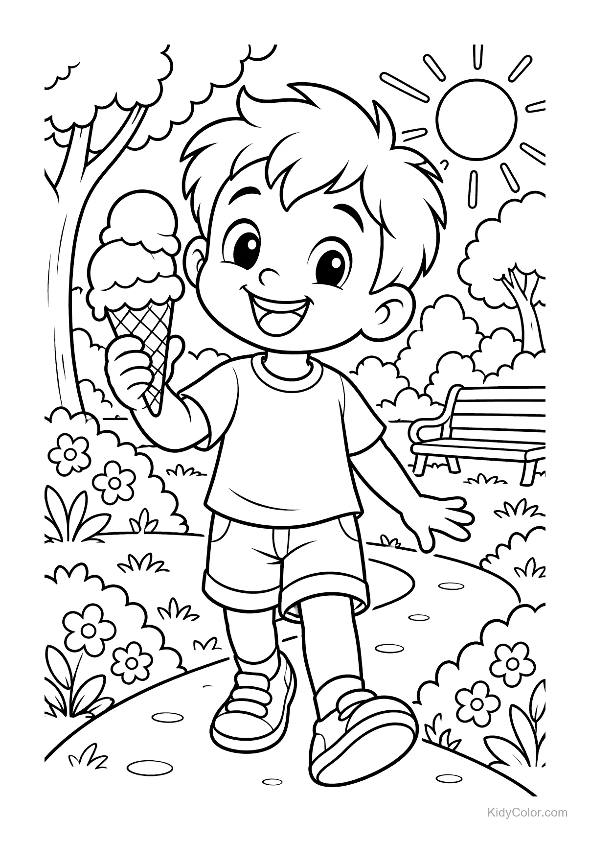 Menino com sorvete andando em um parque com árvores e sol.