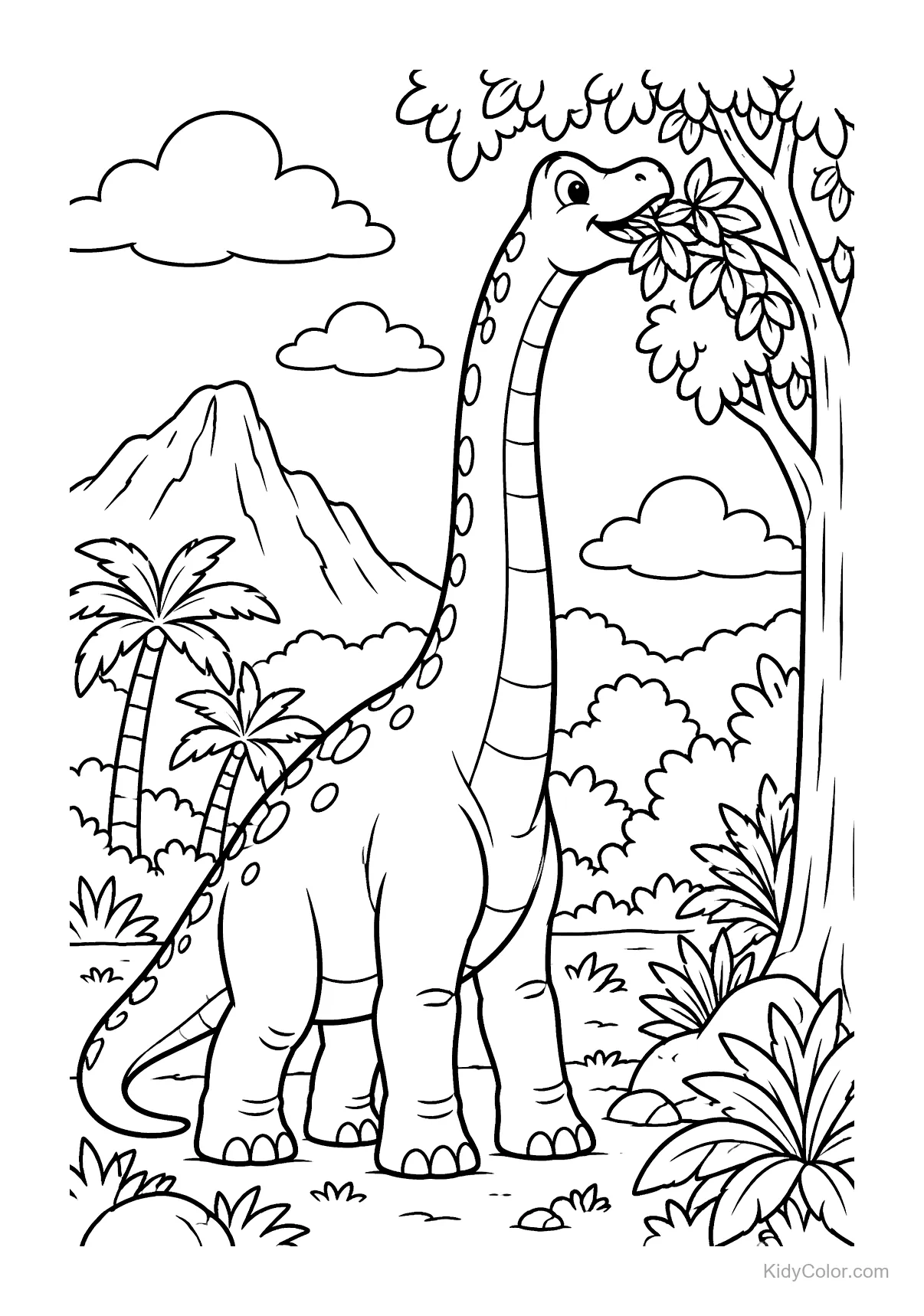 Brachiosaurus eating leaves from a tree in a prehistoric jungle.