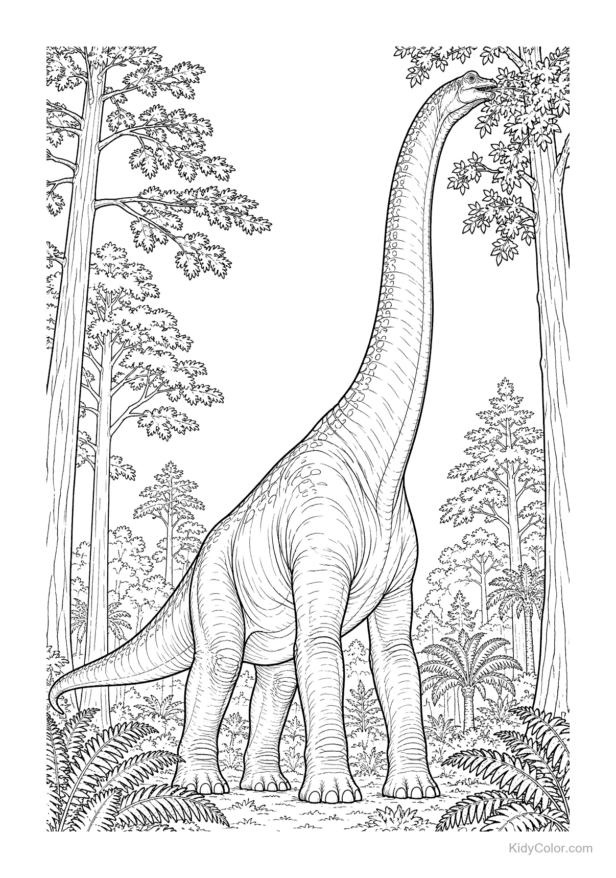 Brachiosaurus reaching for leaves in a prehistoric forest.