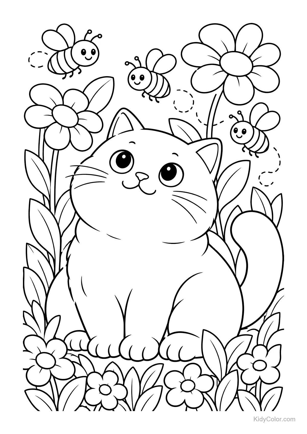 Britse korthaar kat tussen bloemen met vliegende bijen.