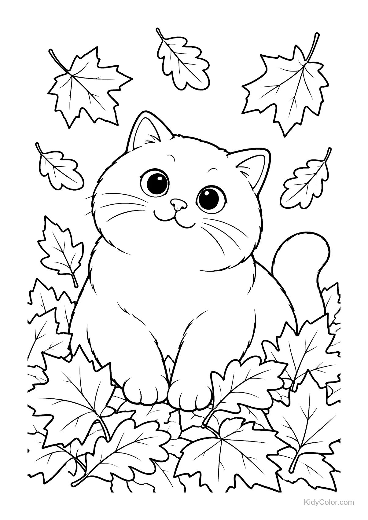 British Shorthair cat surrounded by autumn leaves.