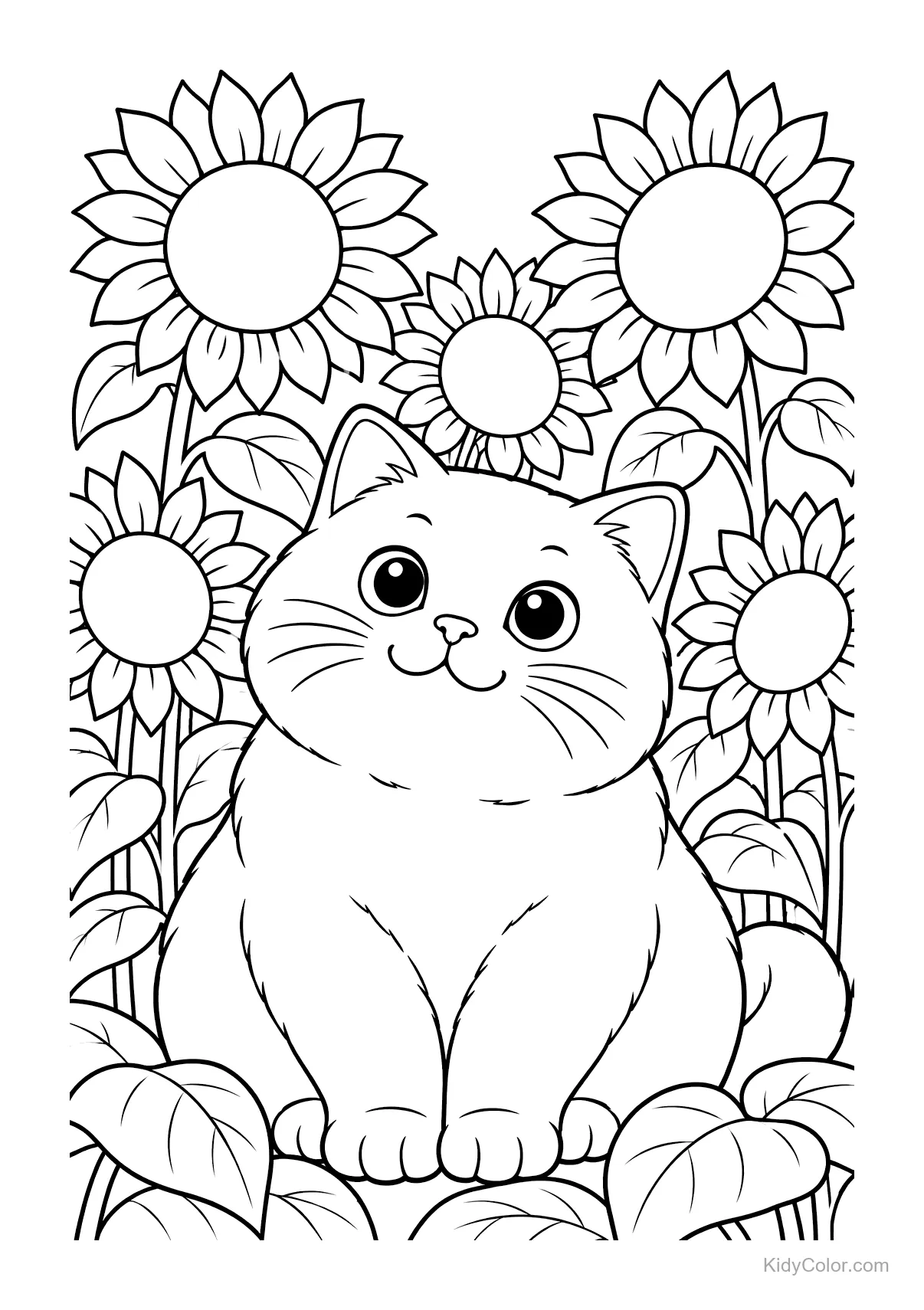 Britse korthaar kat zittend tussen hoge zonnebloemen.