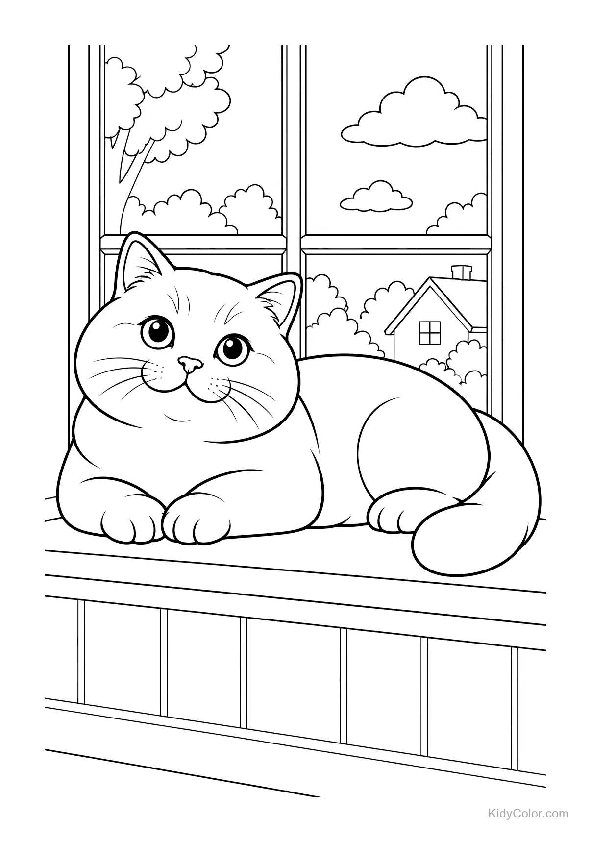 British Shorthair cat sitting on a windowsill with a view outside.