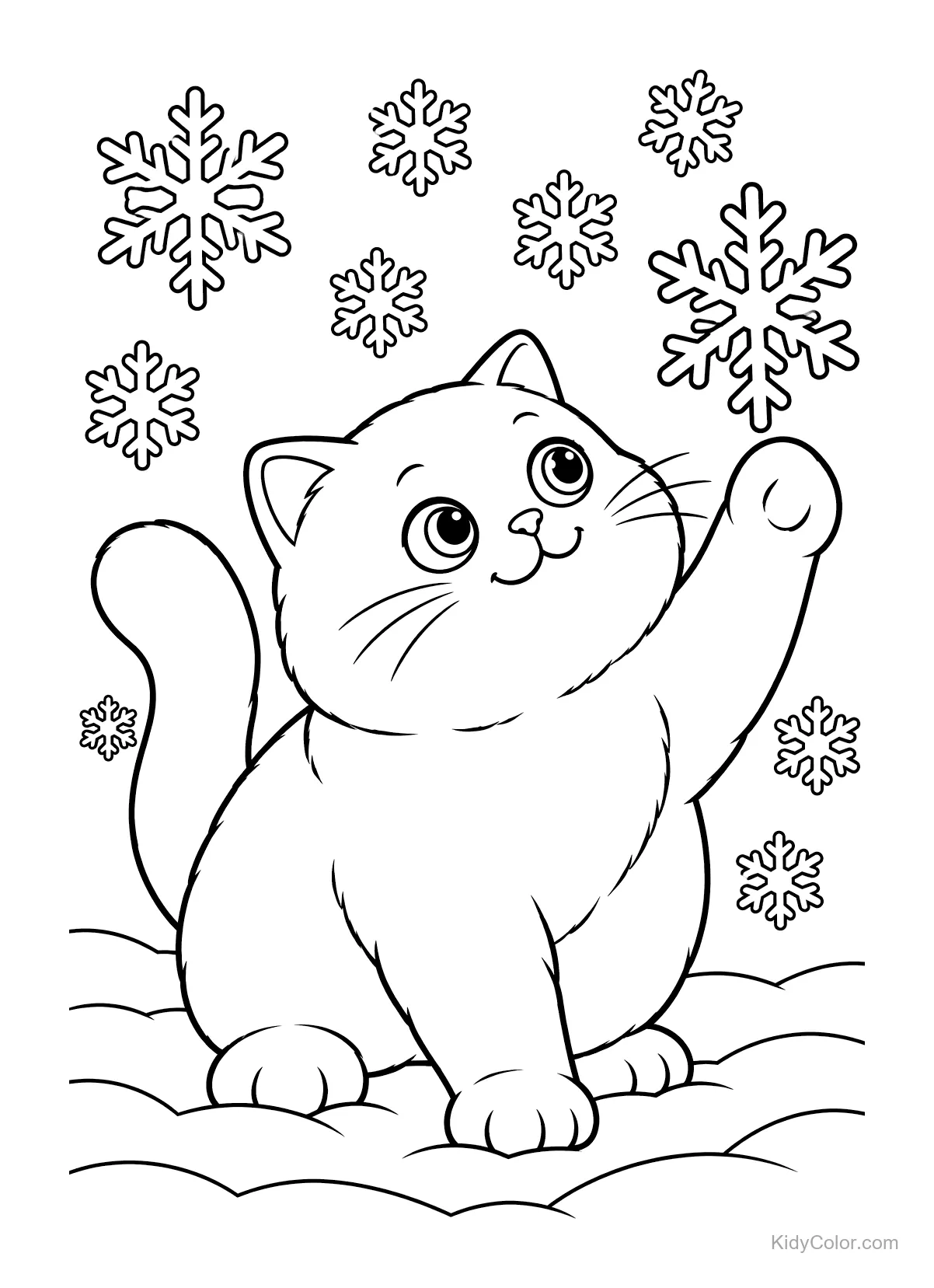 Britse korthaar kat speelt met sneeuwvlokken in de lucht.