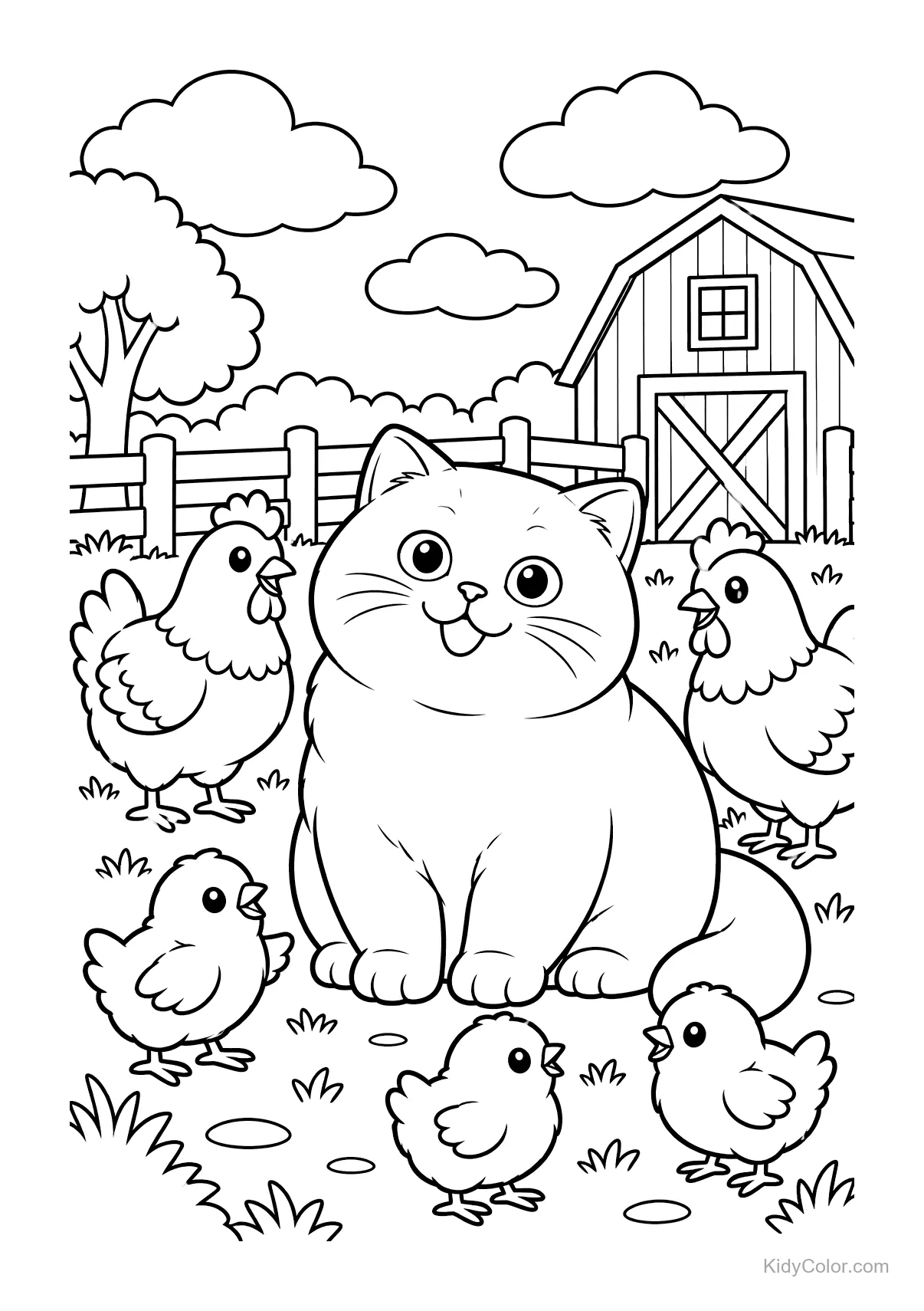 A British Shorthair cat in a farmyard with hens and chicks.