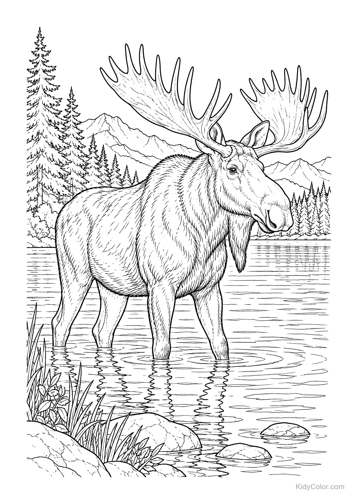A bull moose stands in a mountain lake surrounded by trees and hills.