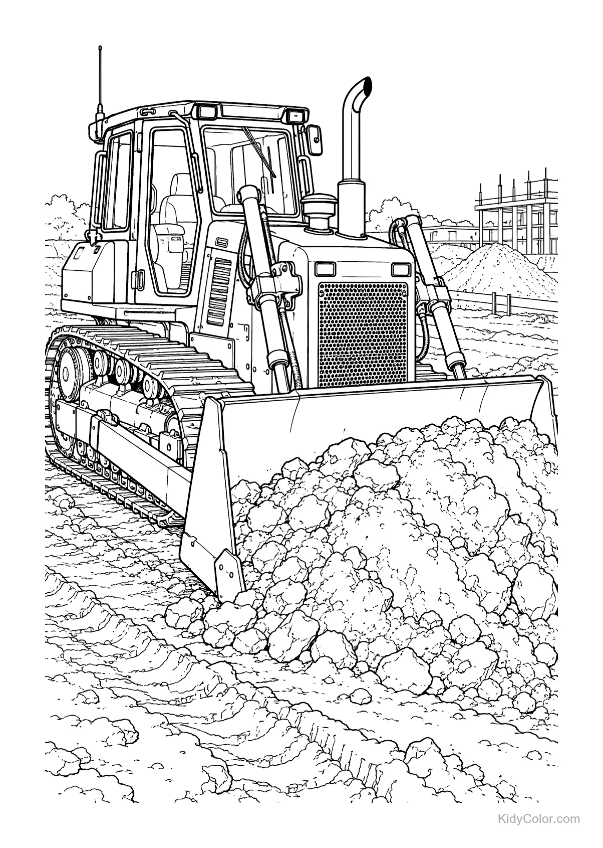 A bulldozer pushes dirt at a construction site with buildings in the background.