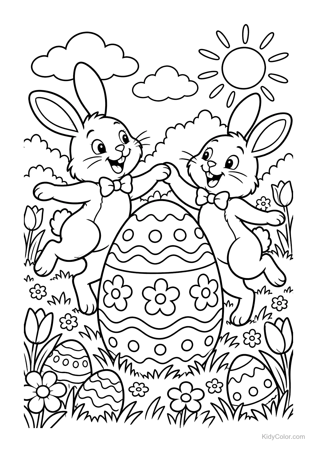 Two bunnies dancing around a large decorated Easter egg in a floral field with a sunny sky.