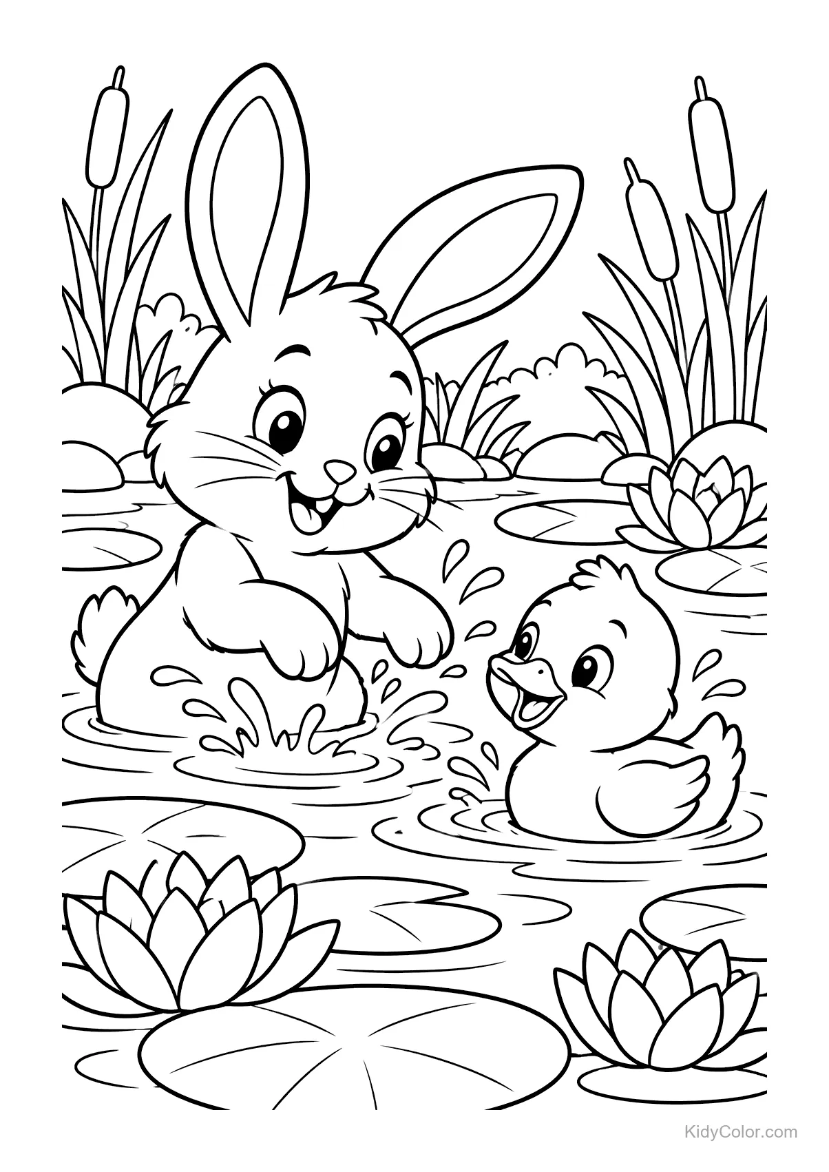 A rabbit and duckling play in a pond with lily pads and reeds.