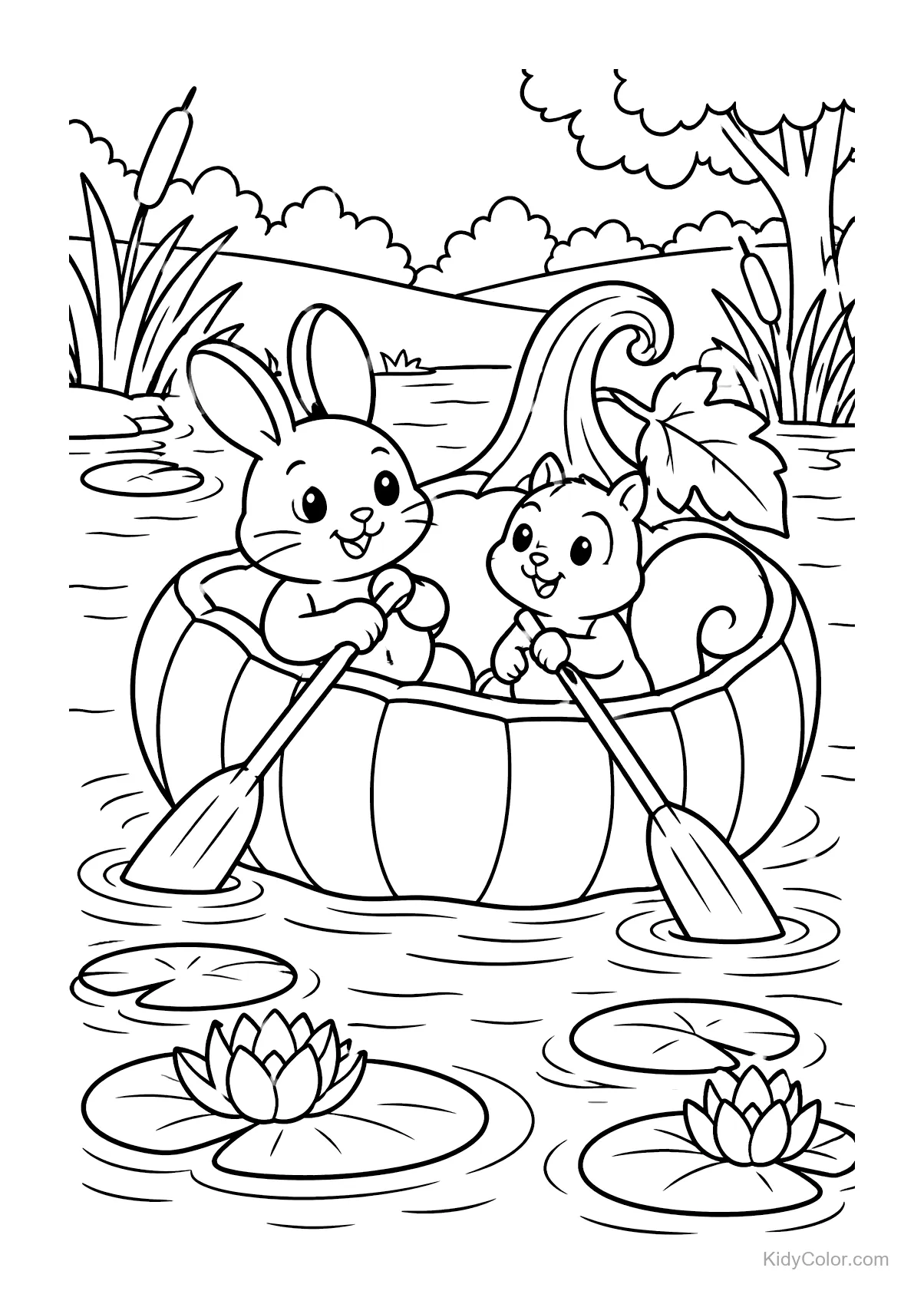 A bunny and squirrel rowing a pumpkin boat in a pond.