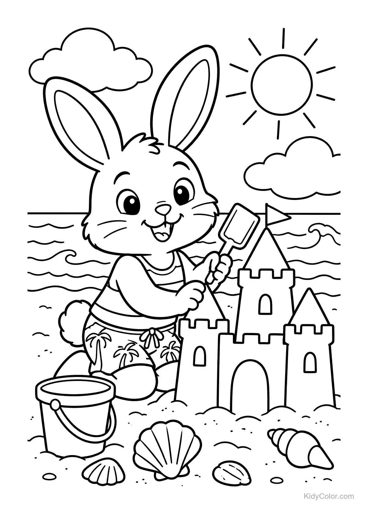 Lapin avec une pelle construisant un château de sable sur la plage.