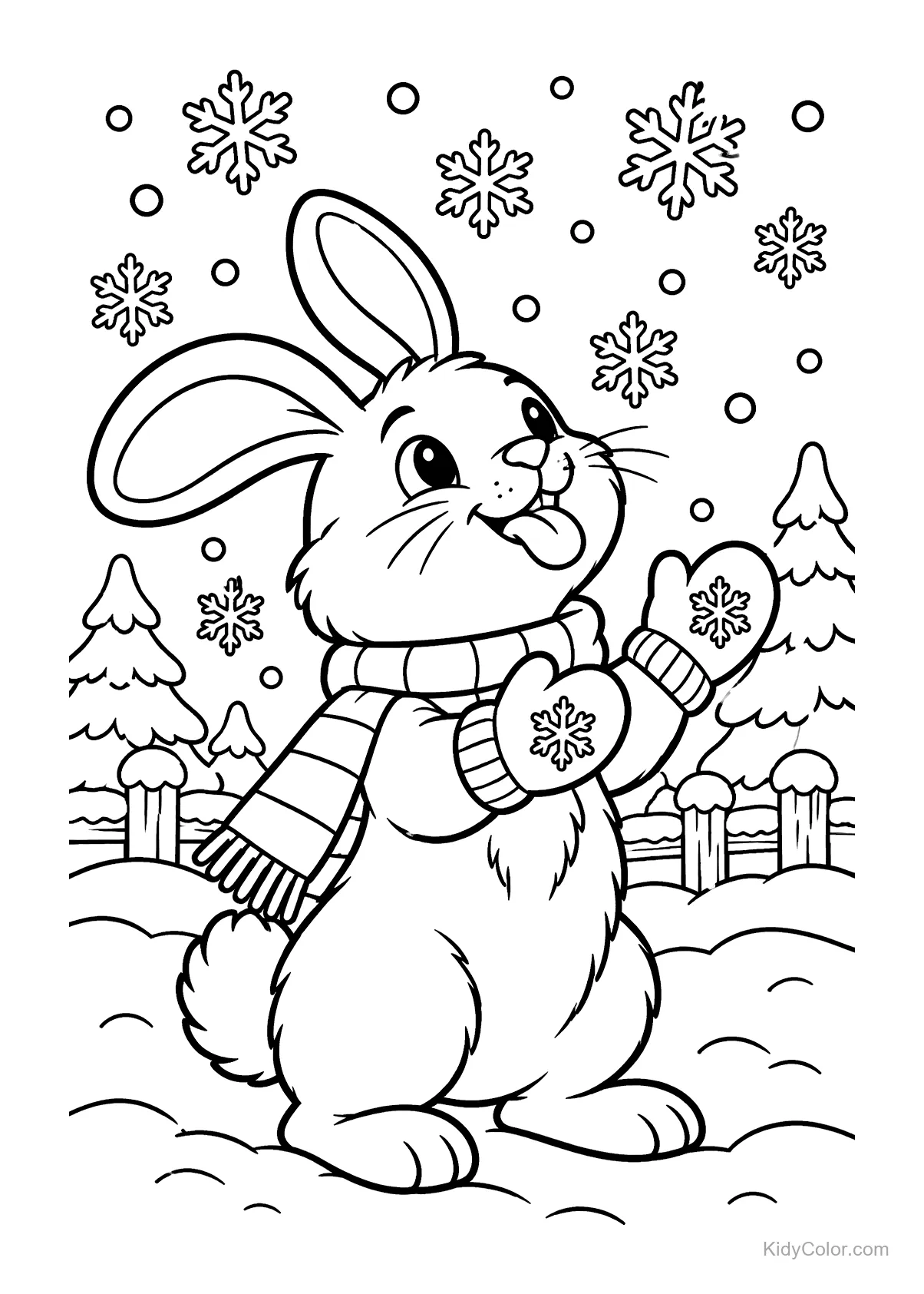Bunny wearing a scarf and mittens surrounded by falling snowflakes.