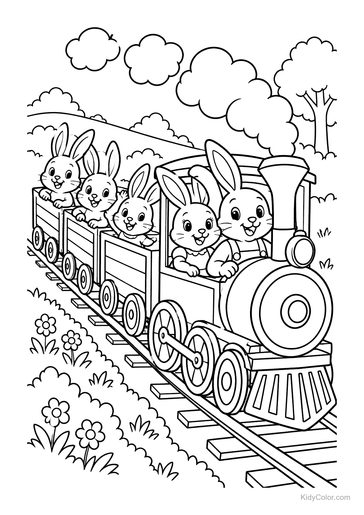 Famille de lapins dans un train à travers la campagne.