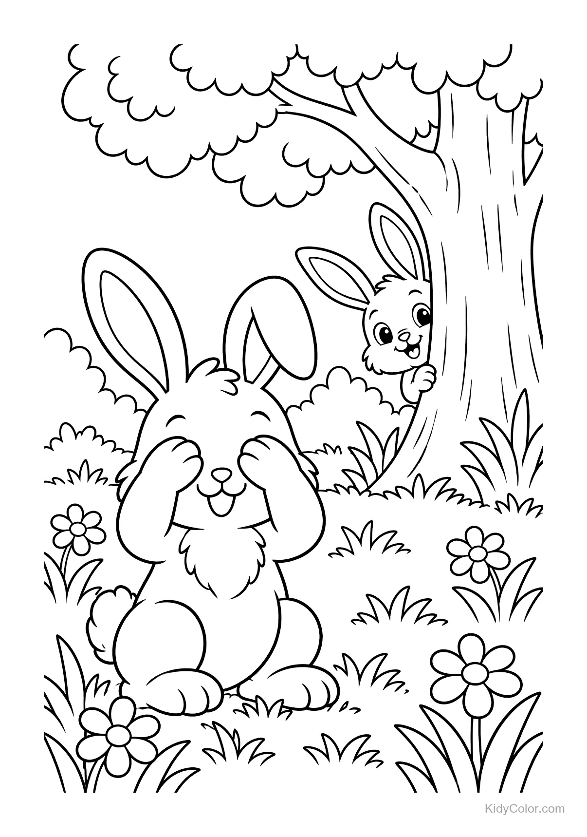 Deux lapins jouent à cache-cache dans un jardin avec des fleurs et un arbre.