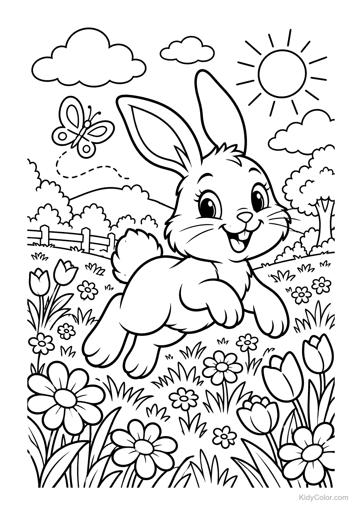 Bunny hopping in a meadow with flowers, sun, and a butterfly.