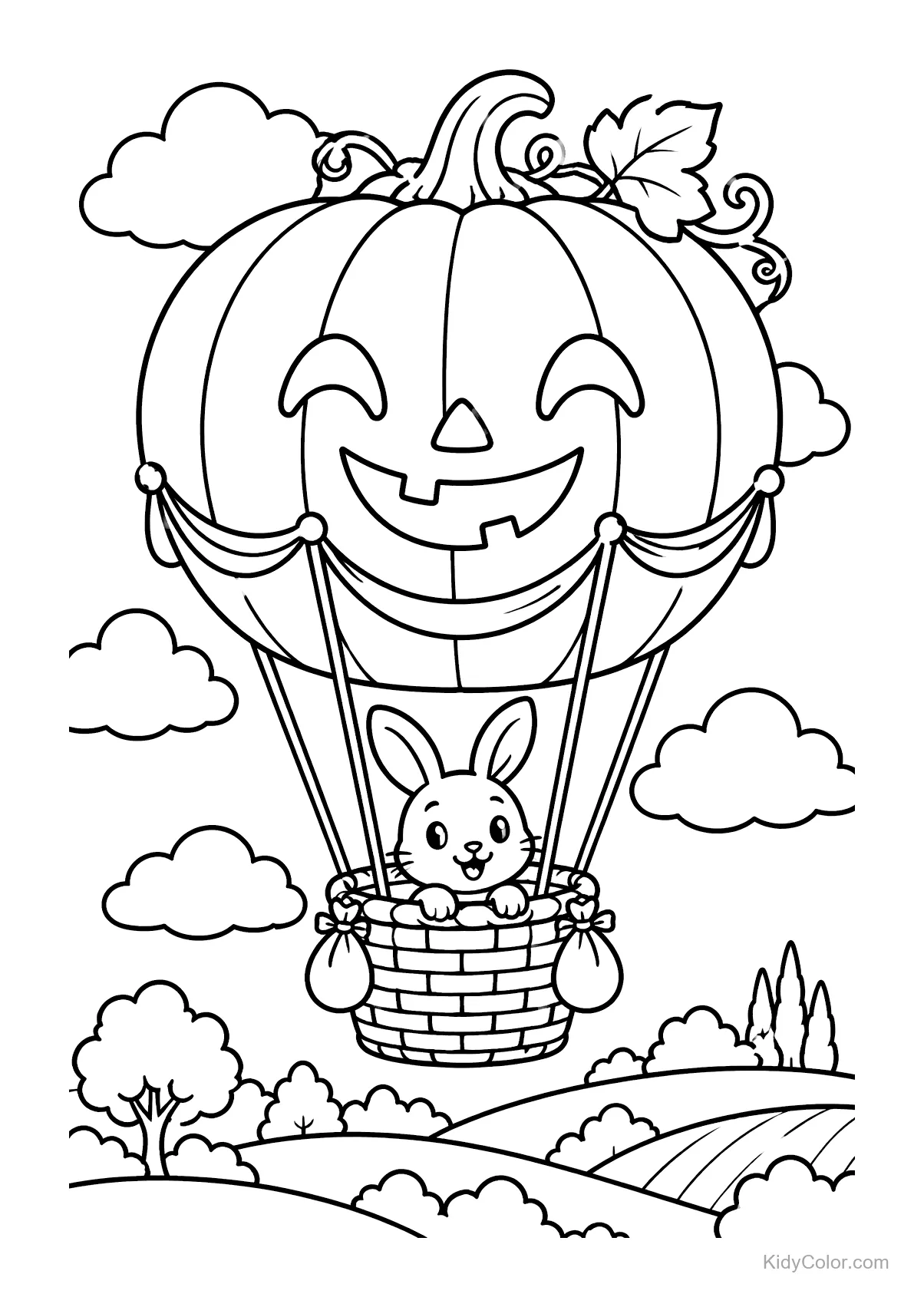 Hase in einem Kürbis-Heißluftballon über Feldern.