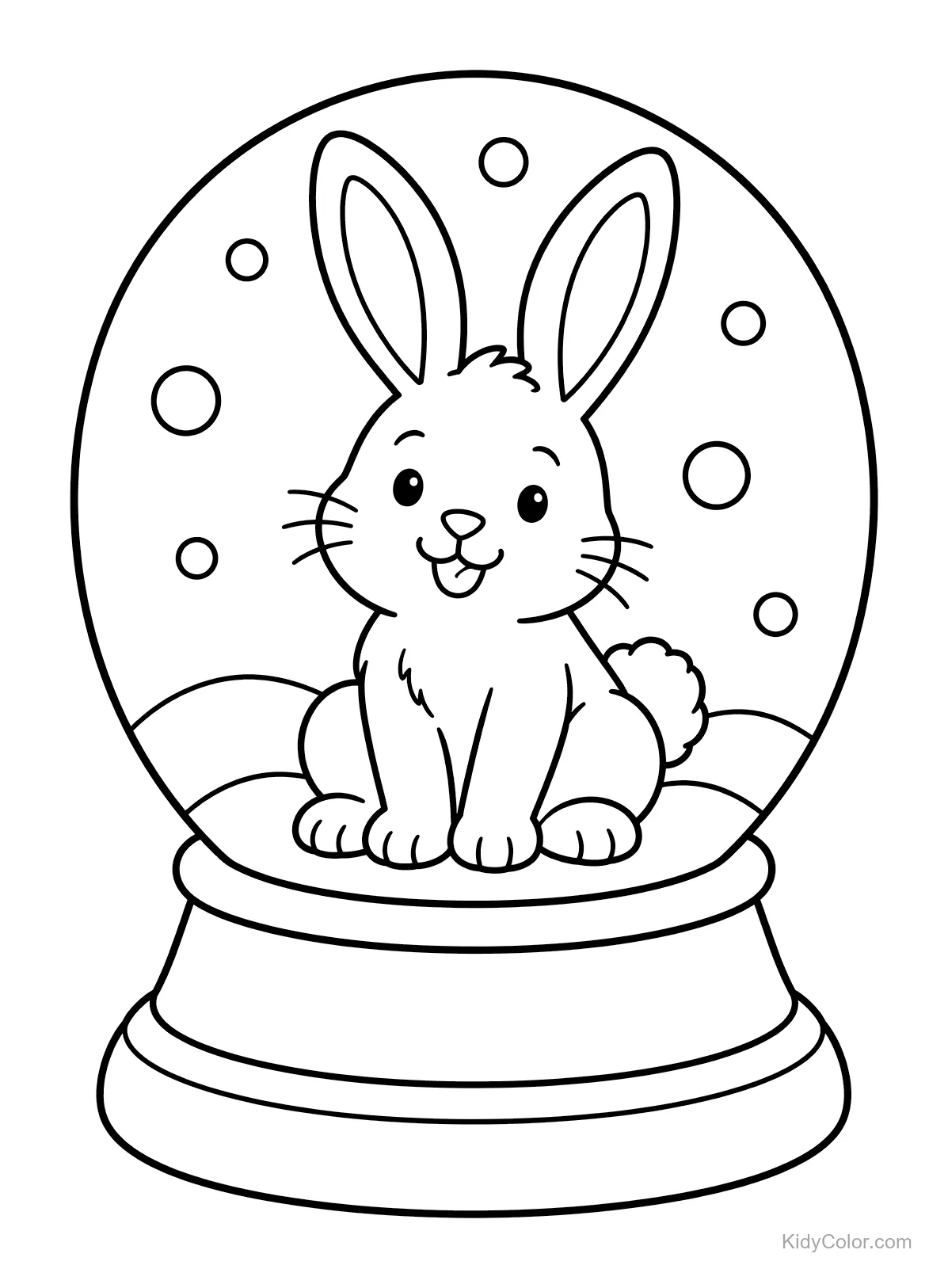 A bunny sits inside a snow globe with snowflakes around.
