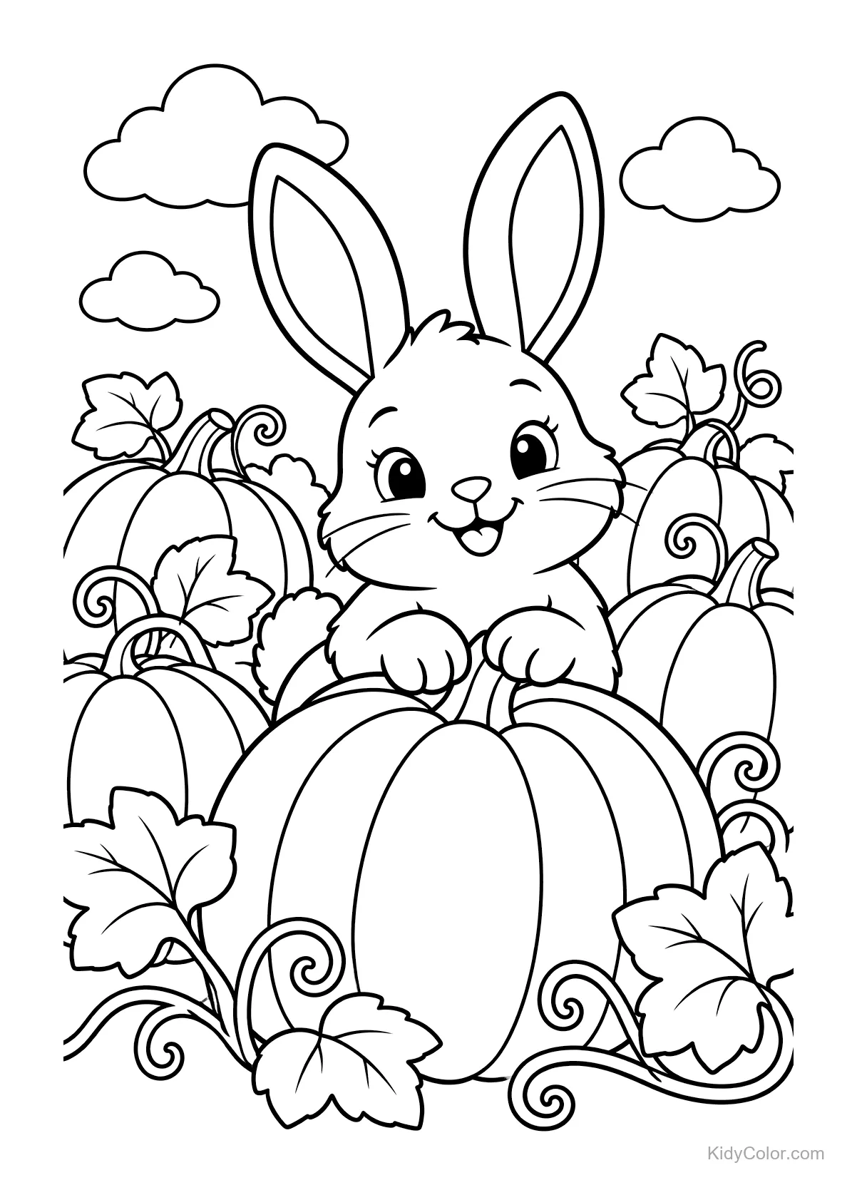 A bunny peeks out from a pumpkin patch with leaves and clouds.