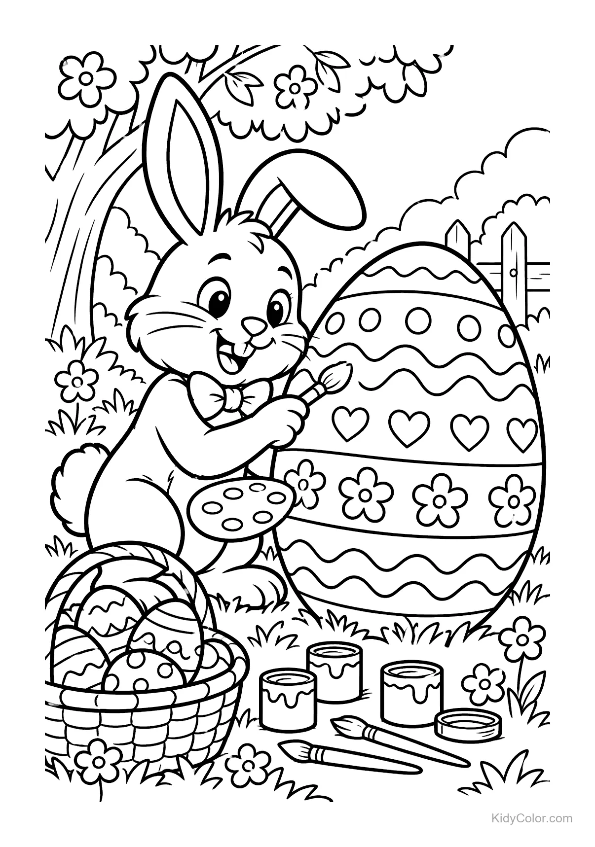 Bunny painting a giant Easter egg with paintbrushes and paint.