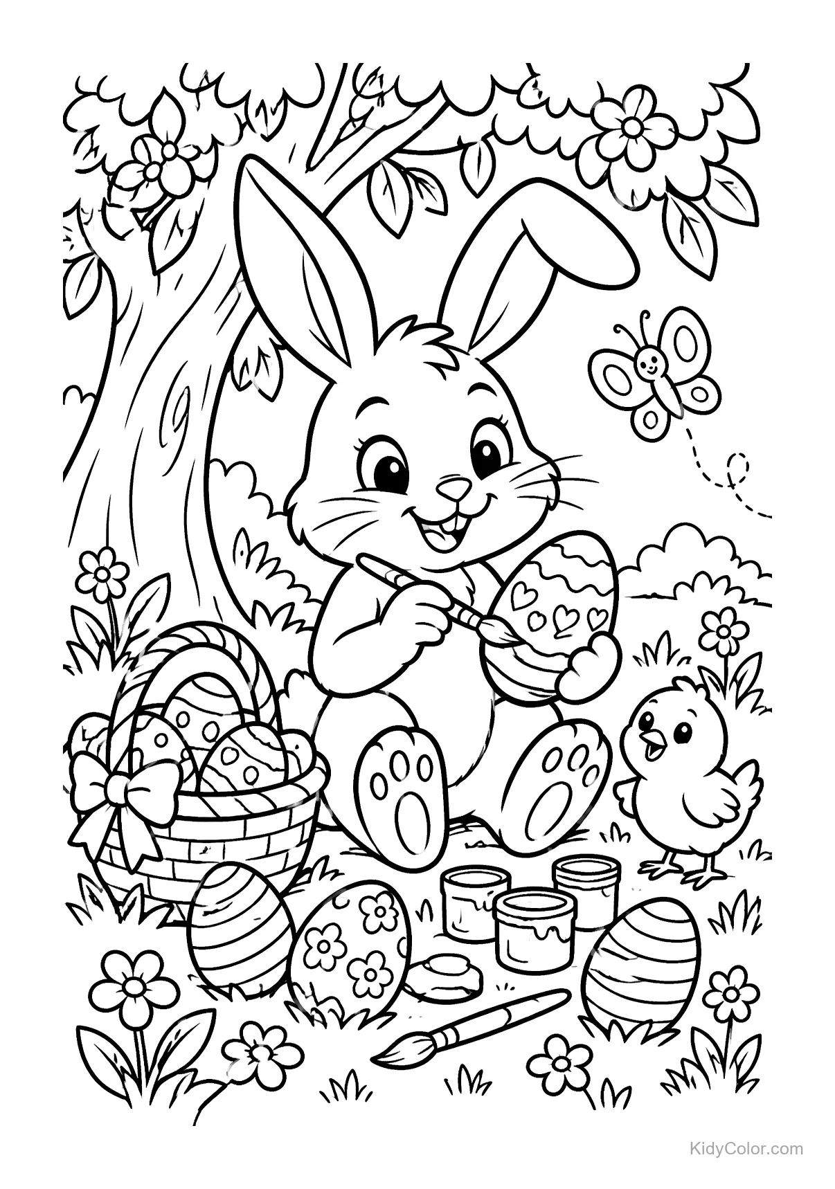 Bunny painting Easter eggs with a chick nearby in a garden.