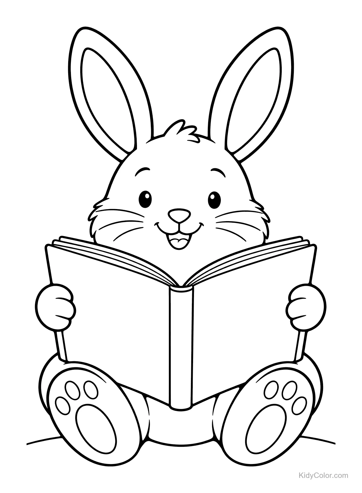 Bunny sitting and reading a blank book.