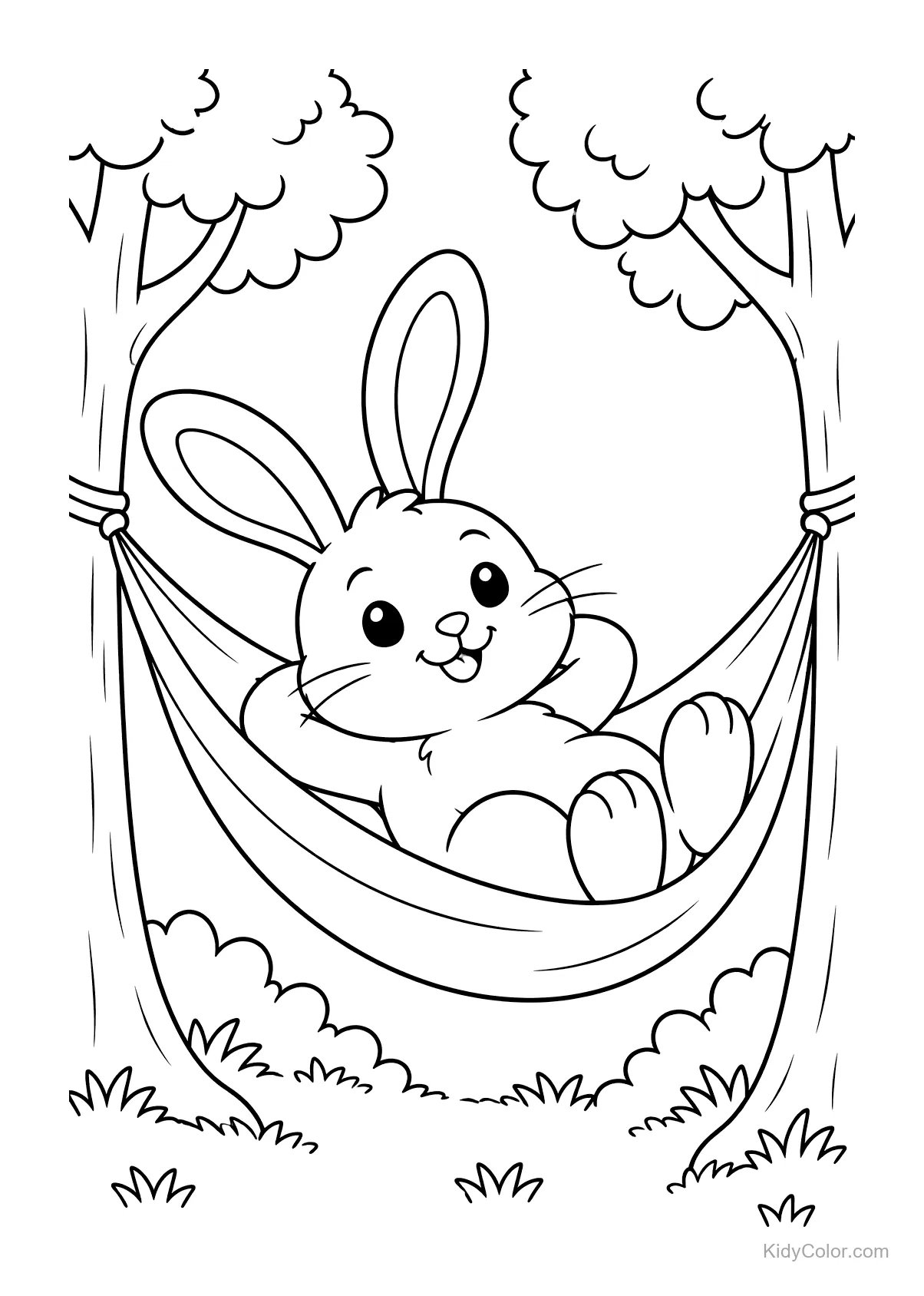 Bunny in a hammock hanging between two trees.