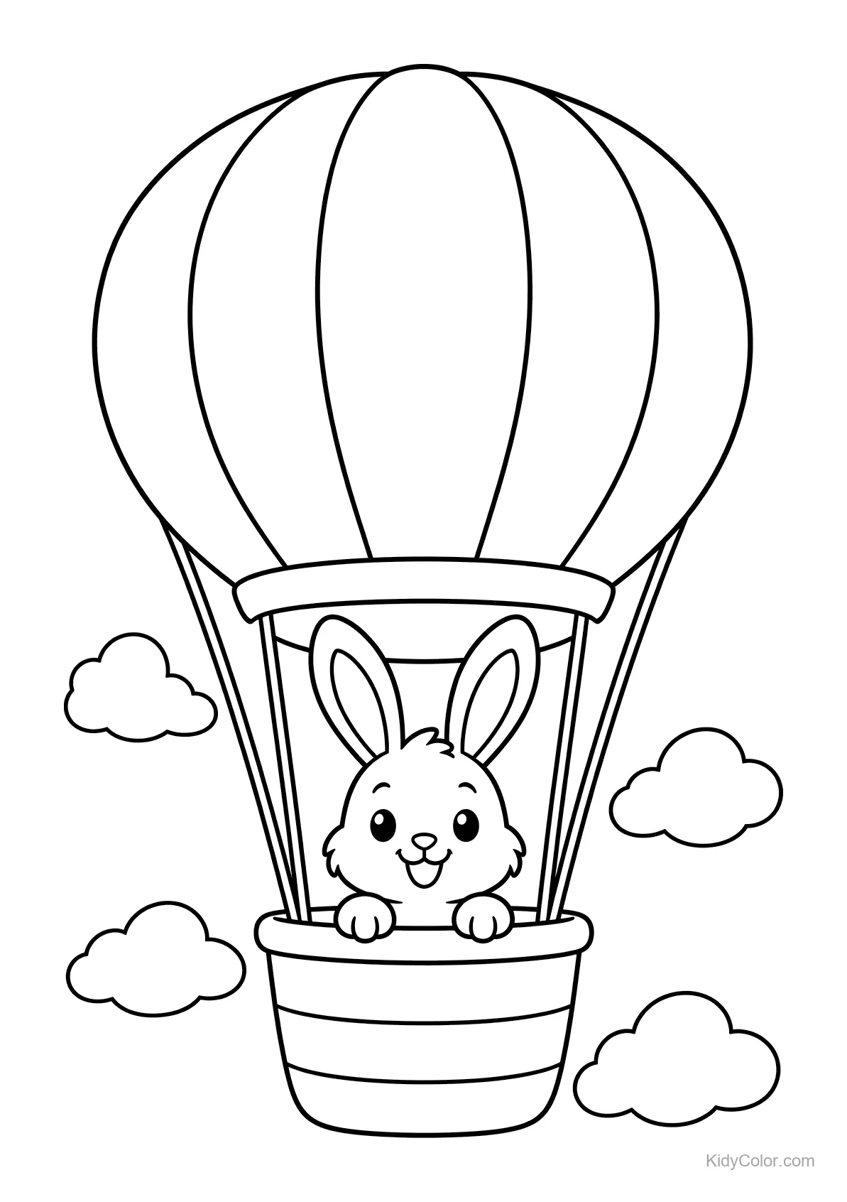 Ein Kaninchen im Heißluftballon mit Wolken drumherum.